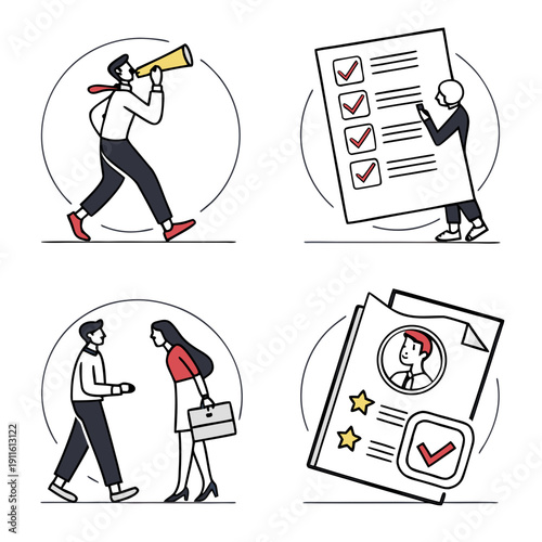 Illustrations of people engaged in various activities and interactions Vector