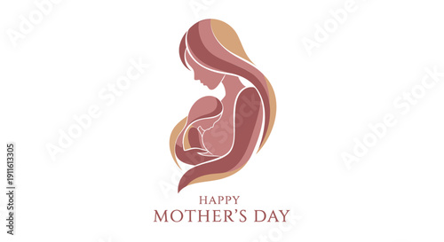 Vector illustration of a mother and baby silhouette in pink and orange hues, Happy Mother's Day text