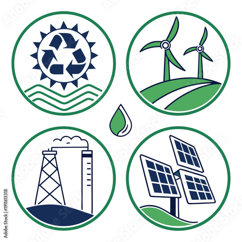 Illustrations of renewable energy sources including wind, water, and solar power. Vector