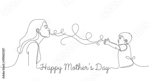 Continuous line drawing of a mother and child exchanging flowers on Mother's Day, isolated on transparent background