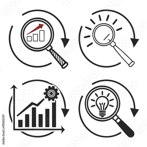 Illustrations of various data analysis and research concepts. Vector