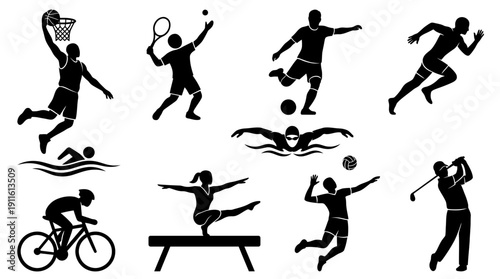 sports silhouettes set, diverse athletes in action, black figures