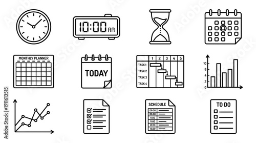 Time management and planning icons set