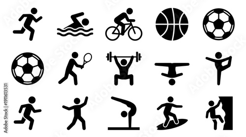Sports icons set, various activities, fitness and competition symbols