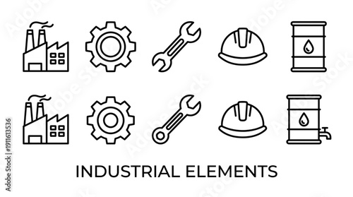 industrial elements set, factory, gear, wrench, helmet, oil barrel
