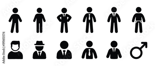 Collection of male pictogram icons representing different business people and symbols