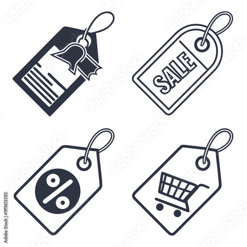 Five different types of price tags and labels with various symbols and icons Vector