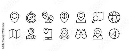 Collection of map and navigation icons, including pins, compass, globe, and binoculars