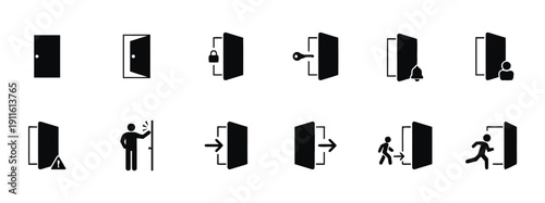 Collection of modern door icons representing entry exit security and alerts