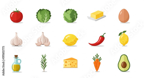 Collection of fresh ingredients for cooking and healthy eating.