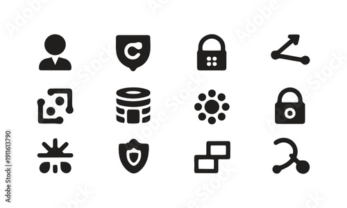 Collection of modern glyph icons for business, technology, and security