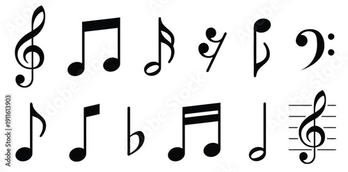 Collection of musical notes symbols and clefs on white background