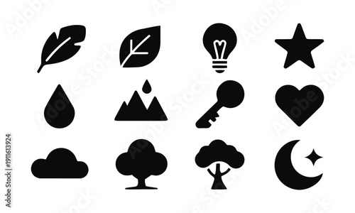 Collection of nature and abstract icons including leaf, feather, lightbulb, star, cloud, tree
