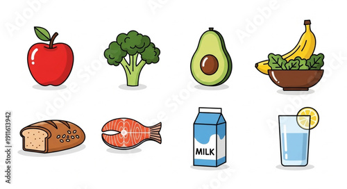 Collection of healthy food items and drinks.