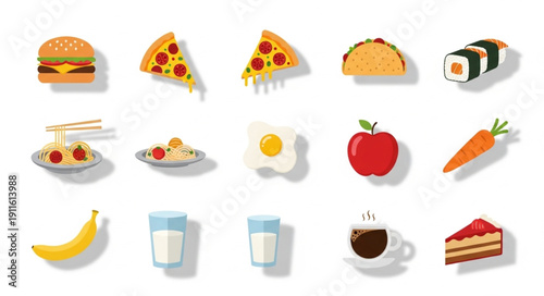 Collection of delicious fast food and healthy meal icons.