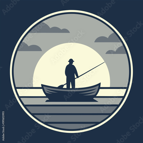 A lone fisherman stands in a small boat casting 