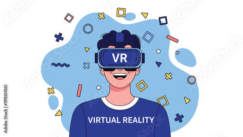 Happy young man wearing virtual reality headset experiences immersive digital entertainment and gaming technology in a creative space.