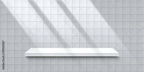 Bathroom wall with shelf. White tiled wall with 3D realistic product podium. Toilet or kitchen empty interior for presentation. Ceramic mosaic texture with shadow. Vector mockup
