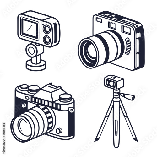 A collection of various types of cameras and photography equipment. Vector