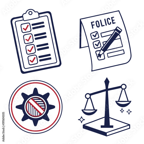 Illustrations of legal concepts including a gavel, scales, and police badge. Vector