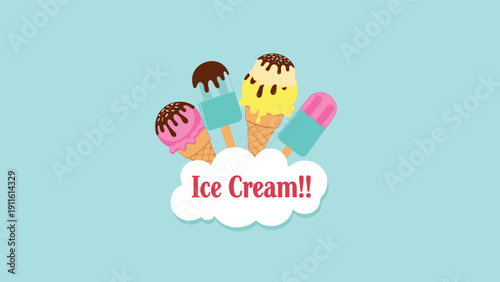 Collection of colorful ice cream cones and frozen treats decorated with chocolate syrup and sprinkles on a bright blue background.
