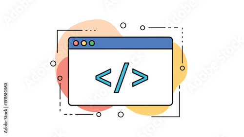 Web browser window icon with coding symbols representing software development, internet programming, and technical computer engineering.