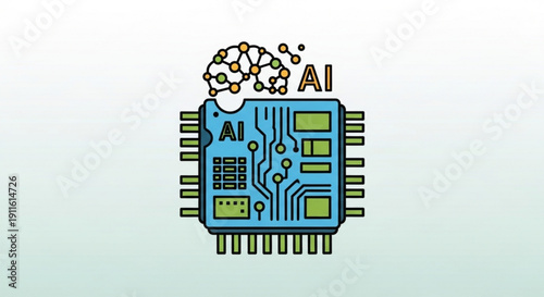Artificial intelligence microchip circuit board with ai label and neural network illustration