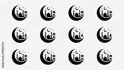 Minimalist ramadan icons set black and white crescent moon symbols with mosque silhouettes stars and city skyscrapers on light gray background for islamic celebrations and holy month