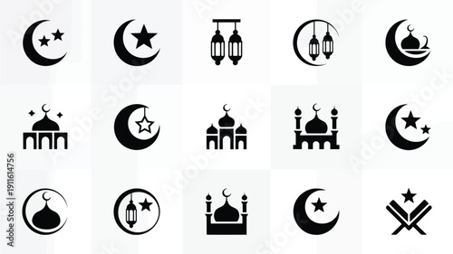 Black vector icons set featuring crescent moon star mosque and lantern symbols for ramadan or islamic design