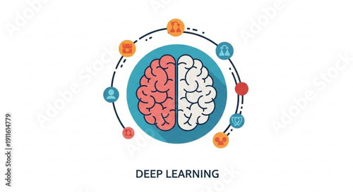 Deep learning concept illustration with brain divided into two hemispheres surrounded by colorful nodes and connections on white background