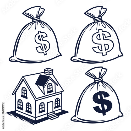 Three bags of money with symbols and a house illustration Vector