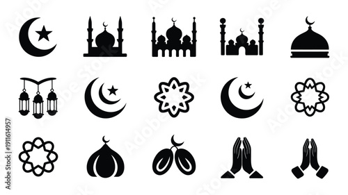 Black ramadan silhouette icons bundle islamic symbols crescent moon mosque lanterns praying hands
