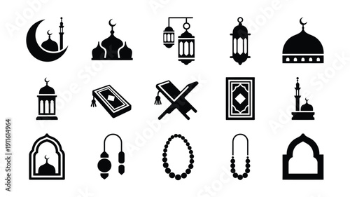 Islamic symbols and icons set mosques lanterns quran and crescent moon on white background