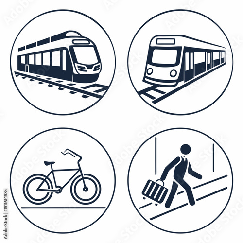 Various modes of transportation including trains, bicycles, and walking. Vector