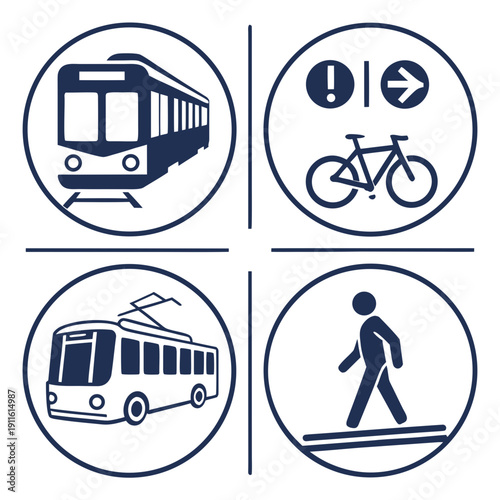 Six icons representing various modes of transportation and pedestrian movement Vector