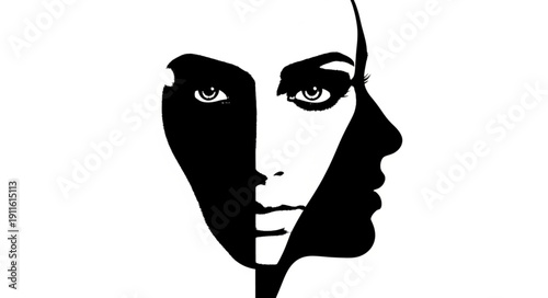 Abstract graphic representation of two faces in profile and frontal view.