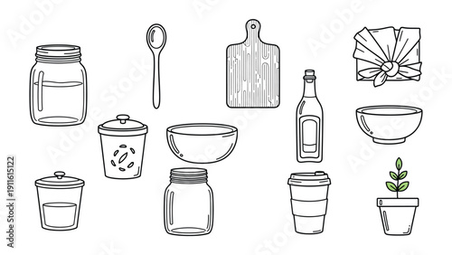 Kitchen Essentials: A meticulously crafted collection of kitchen elements, from a mason jar and spoon to a cutting board and a seedling in a pot.