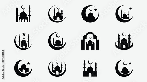 Collection of 12 minimalist black silhouettes of mosques and crescent moons with stars on gray background for ramadan or islamic design
