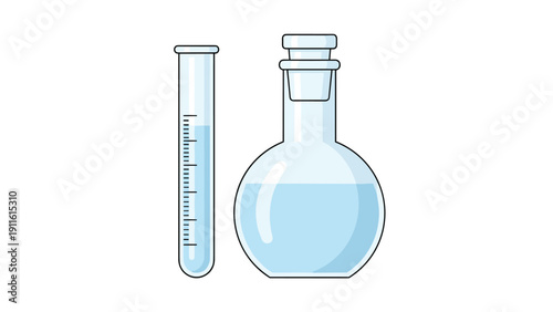 Scientific equipment including a graduated test tube and a round-bottom glass flask with blue liquid for chemistry lab experiments.