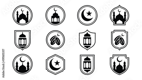 Ramadan kareem vector icons set featuring mosque silhouettes crescent moons stars lanterns and shields on white background