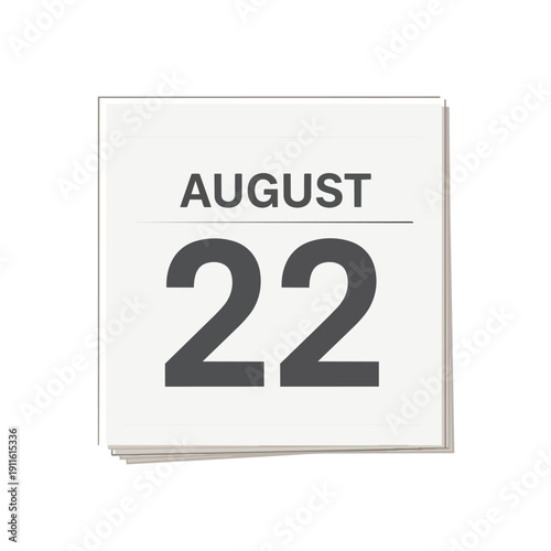 A clear minimalist digital rendering of a white calendar page prominently featuring the month August and the specific numerical date twenty-two for