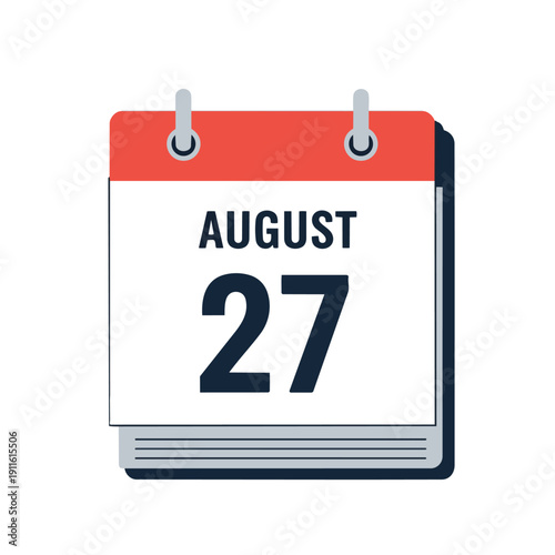 A modern graphic depicting a vibrant red and white tear-off calendar leaf, clearly highlighting August twenty-seventh for important event tracking