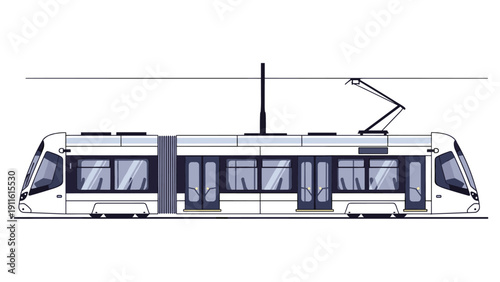 Modern light rail tram car side view illustration shows a clean public transit vehicle for urban city transportation and green travel.
