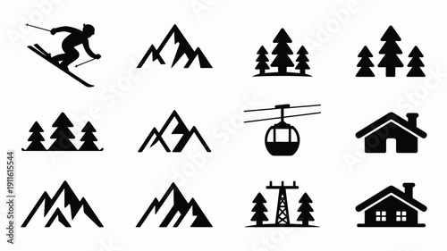 Vector illustration showcasing various ski resort icons including mountains trees skier cable car and chalets in black silhouette on white background