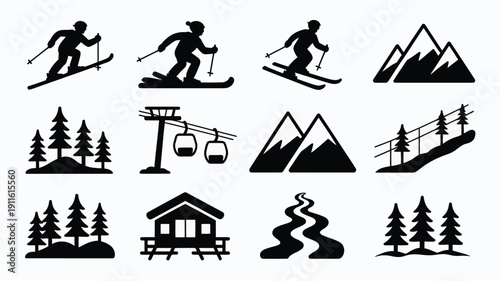 Winter alpine resort silhouette icons set with skiers mountains trees and ski lifts on white background for travel and adventure design