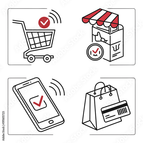 Illustration of various shopping methods including online, in-store, and mobile. Vector