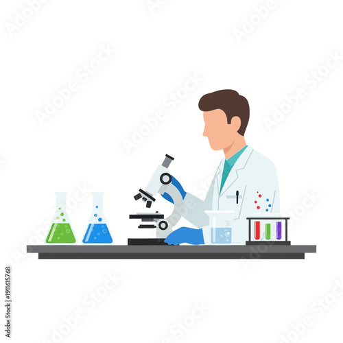 Scientist in lab coat using microscope with colorful liquids in beakers and test tubes