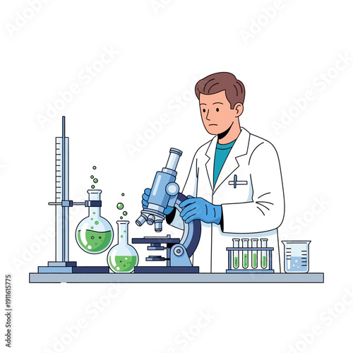 Scientist working with microscope and chemicals in laboratory, science research concept