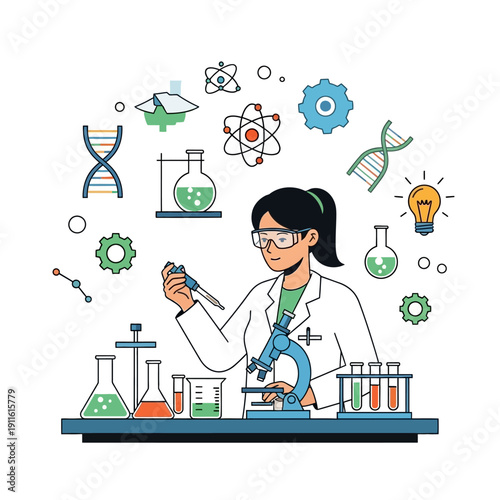 Scientist working in laboratory with microscope, DNA, molecules and beakers