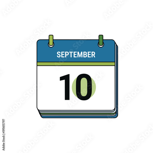 Vivid illustration of a blue and green calendar page depicting September 10. This clear, organized graphic is perfect for modern digital scheduling,